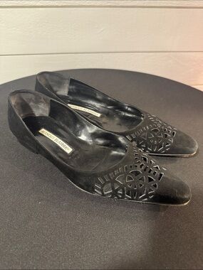 Manolo Blahnik Black Suede Laser-Cut Pointed Flats